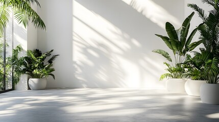 Fototapeta premium Minimalist interior with pure white wall, tropical plants on sides, polished concrete floor, natural sunlight, shadow play, modern architectural design, empty space.