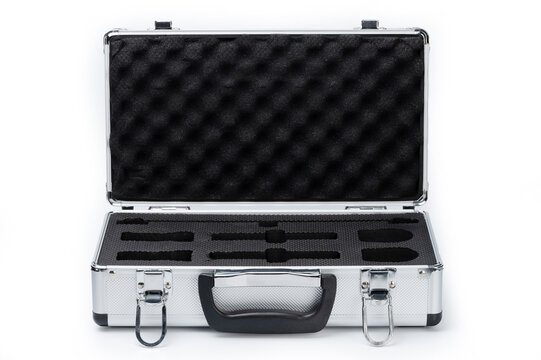 Front view of open metal suitcase