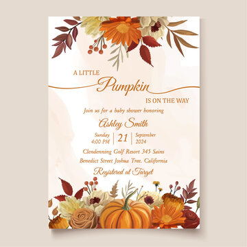 Fall baby shower invitation with autumn pumpkin flowers and leaves
