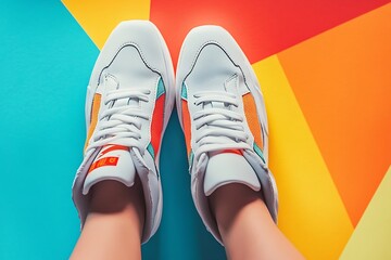 White Sneakers with Colorful Accents on a Multicolored Background