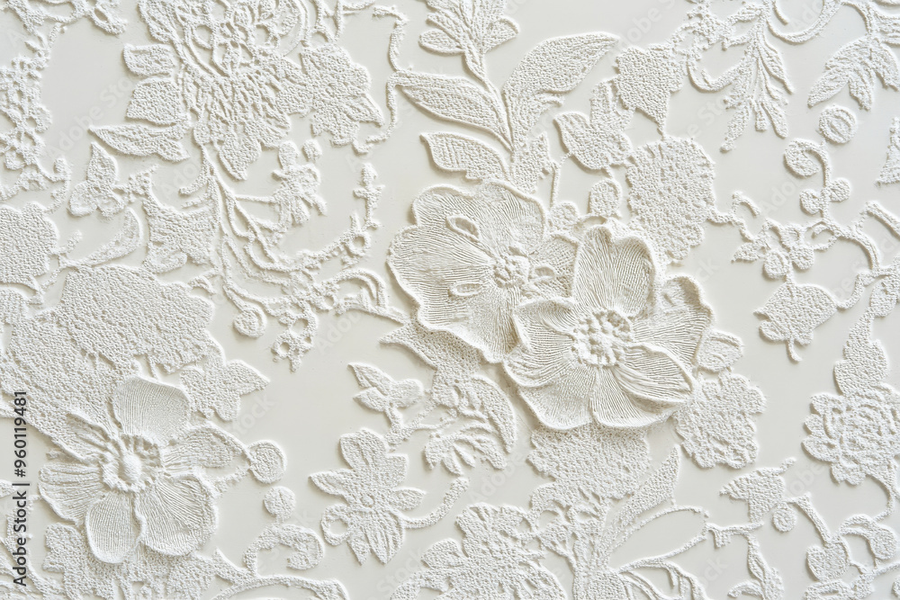Poster a light white textured surface with intricate, raised patterns that mimic the appearance of delicate