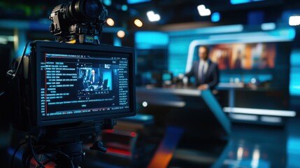 A camera captures a news studio scene with a presenter and digital displays.