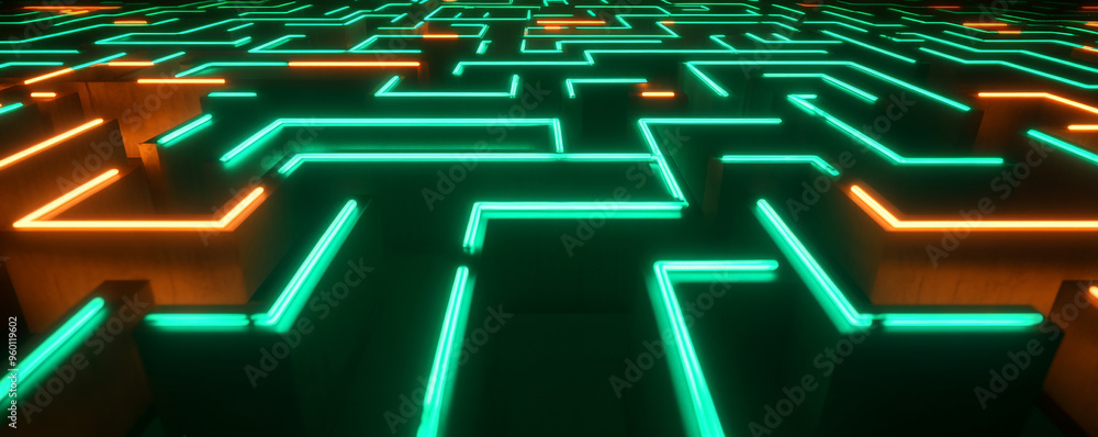 Poster a neon lighting background showcasing a labyrinth of glowing green and orange neon tubes, creating a