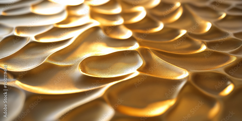 Poster a gold textured surface featuring raised, geometric patterns, creating a three-dimensional effect th