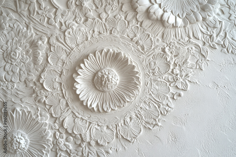 Poster a light white textured surface with intricate, raised patterns that mimic the appearance of delicate
