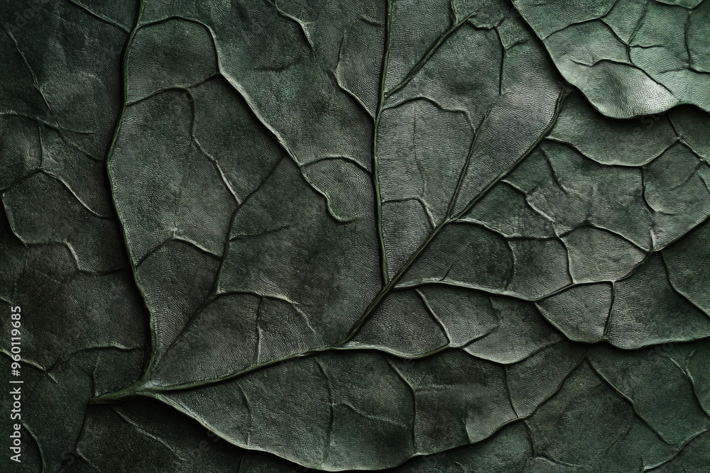 Poster a dark green textured surface with intricate, vein-like patterns reminiscent of leaf structures, add