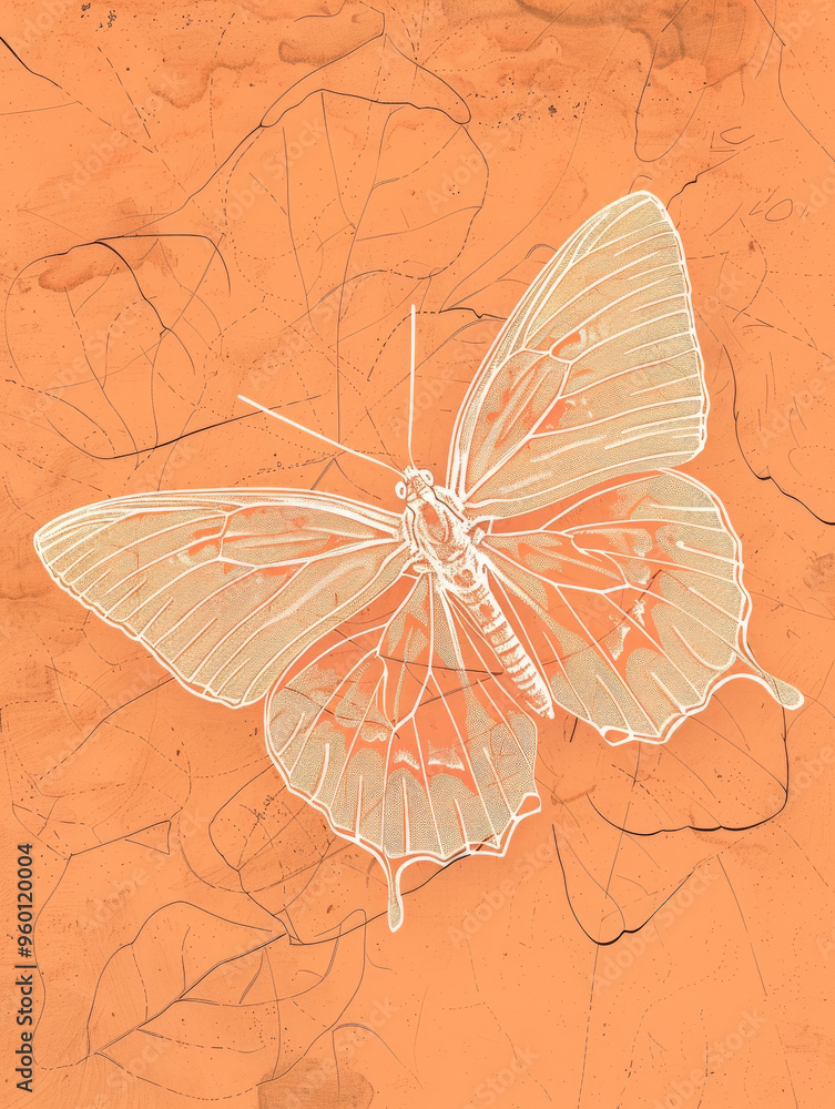 Poster simple white line drawing of a butterfly on a peach-colored textured background. the butterfly's win