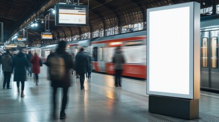 Mockup. Lightbox vertical billboard with blank digital screen on a train station. white blank poster advertisement Public information boards stand at stations in front of people and trains.