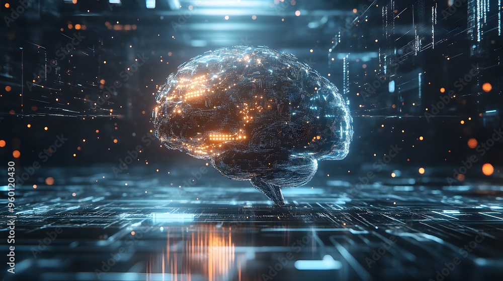 Poster brain is shown in a computer simulation, with a lot of glowing lights surrounding it. the brain is s