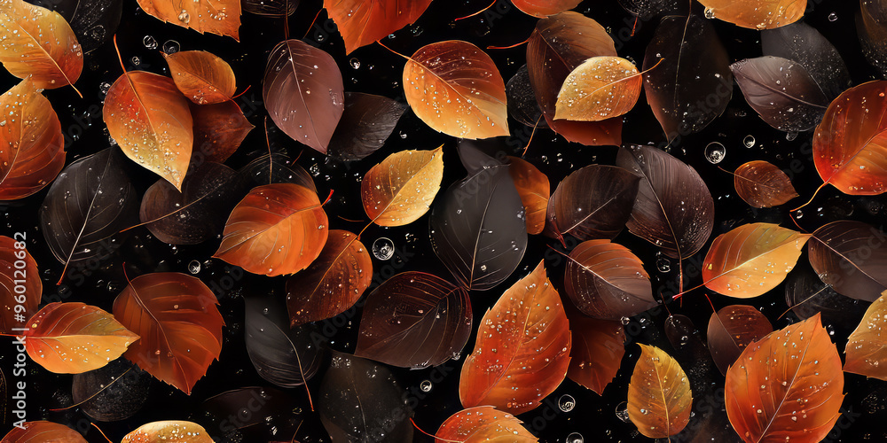 Wall mural illustration of autumn leaves with water droplets scattered on a black background. nature pattern wi