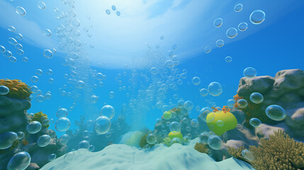 Fototapeta na wymiar Underwater Coral Reef Scene With Blue Water And Sunlight Bubbles