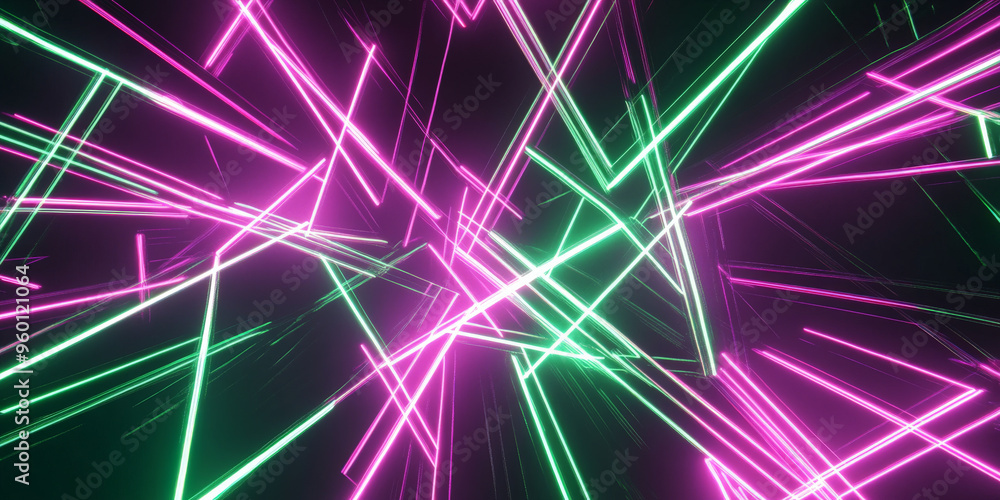 Poster a neon lighting background with intersecting green and magenta lines forming a sharp, dynamic patter