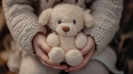 A child holds a soft, fluffy teddy bear in a cozy, natural setting.