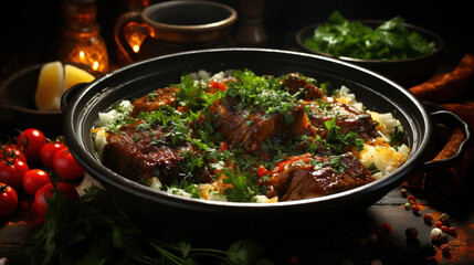 Veal Stew with Fork Knife and Condiments On Dark Black Blurry Background