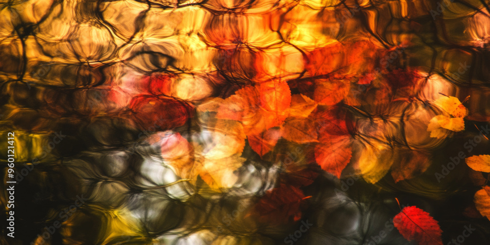 Wall mural abstract reflection of autumn leaves on rippling water with warm, blurred colors. nature-inspired ar