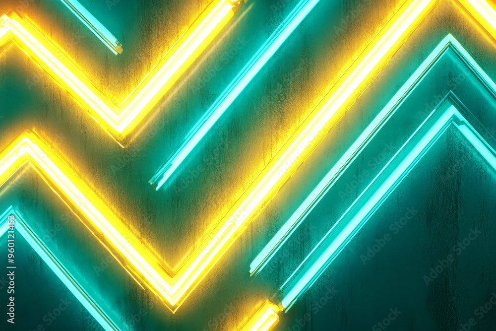 Poster a neon lighting background with overlapping zigzag lines of neon yellow and cyan, creating a sharp, 
