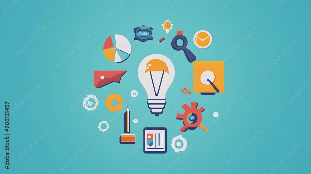 Poster a light bulb is surrounded by a colorful background of circuits and wires