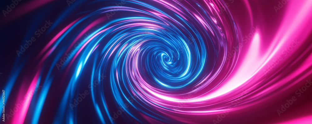 Poster a neon lighting background with a swirling spiral of neon pink and blue light, creating a tunnel-lik