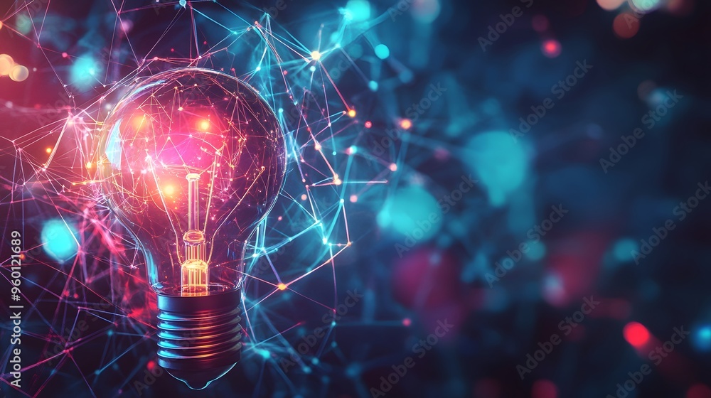 Poster a light bulb is surrounded by a colorful background of circuits and wires. concept of innovation and