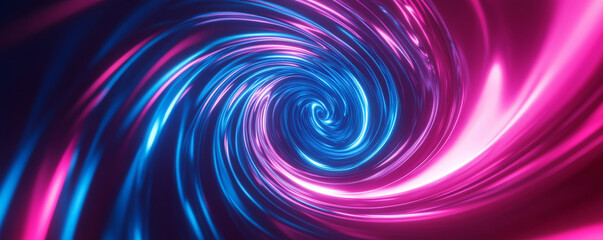 A neon lighting background with a swirling spiral of neon pink and blue light, creating a tunnel-like effect that draws the viewer into its glowing center.