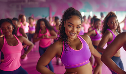 Cheerful beautiful slim black American woman in neon pink fitness clothes attends dance fitness class with other women.