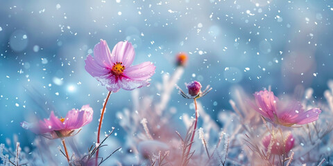 Flowers in snow on blurry background