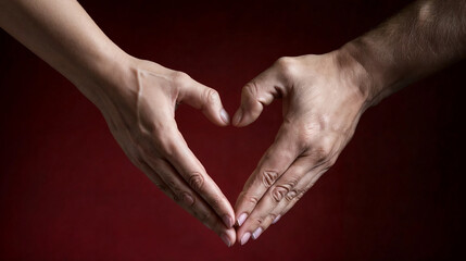 heart by couple in love, valentine day. heart sign made by girlfriend and boyfriend against dark red background