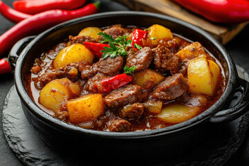 Goulash soup with beef slices of sausage, onions and potatoes. Plus red pepper. All on a rustic...