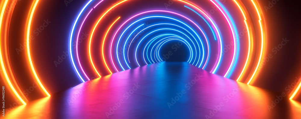 Poster a neon lighting background with a series of glowing orange and blue neon rings, creating a futuristi