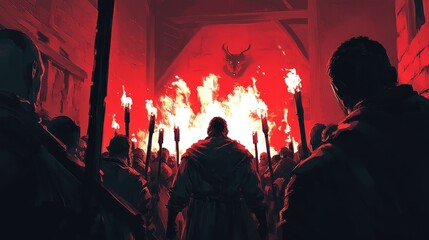 Obraz premium A group of people holding torches standing together in front of a red, ominous wall with a demonic head symbol, creating a dark and intense scene.