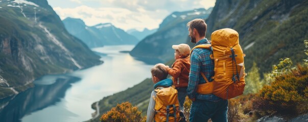 Family hiking in scenic mountains, enjoying nature and bonding with a beautiful lake and peaks in the background.