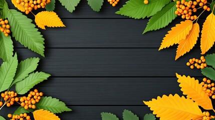 Colorful autumn maple leaves and rowan berries form a beautiful frame on a wooden table, offering ample space for adding creative text or designs related to fall