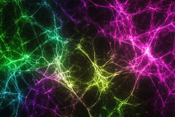 A neon lighting background with crisscrossing lines of neon green and purple, forming a complex, electrifying web against a pitch-black background.