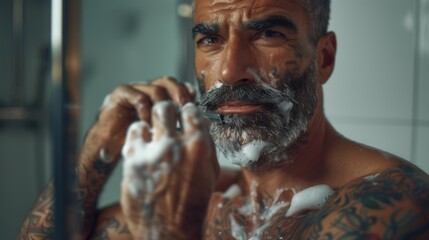 A tattooed man lathering his face with shaving cream, intensely focused on grooming himself in a sleek and contemporary bathroom setting; a moment of self-care.