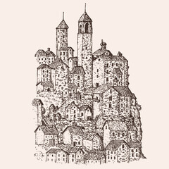Hand drawn old city or medieval castle in monochrome color. Sketch urban panoramic vector illustration.