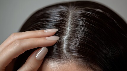A crisp and clear detailed view of a person's clean and healthy scalp with shiny black hair, emphasizing the smoothness and well-maintained nature of the hair.