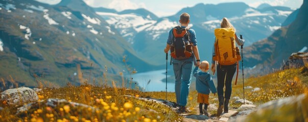 Family hiking in scenic mountains, enjoying nature and bonding with a beautiful lake and peaks in the background.