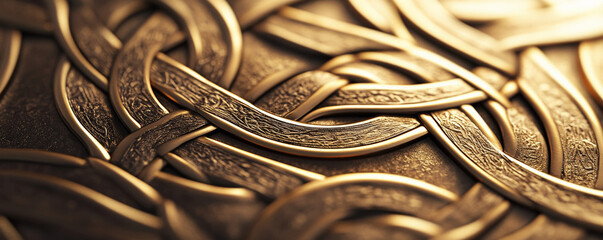 A gold textured surface with intricate, Celtic knotwork patterns engraved into the metal, adding a touch of ancient craftsmanship and elegance.