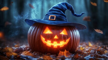 Fototapeta premium This image shows a carved pumpkin wearing a witch's hat in a mystical, foggy autumn forest, surrounded by fallen leaves, capturing a Halloween and magical theme.