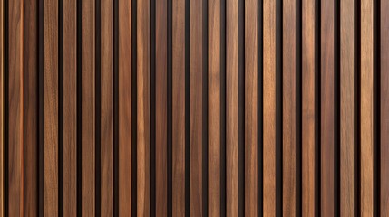 Naklejka premium Walnut wood slat wall, vertical timber battens, rich brown tones, architectural detail, geometric pattern, parallel lines, textured surface, warm wood grain, modern interior design.