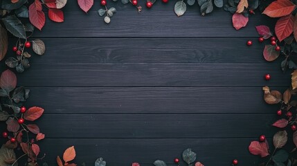 Colorful autumn maple leaves and rowan berries form a beautiful frame on a wooden table, offering ample space for adding creative text or designs related to fall