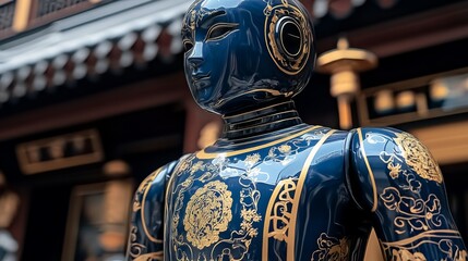 This image depicts a sophisticated blue and gold robot figure with intricate details, standing in front of a historically styled building showing a blend of tradition and technology.