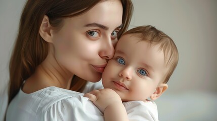 A mother gently holding her baby with a loving smile on both their faces, emphasizing the bond of maternal affection and the joy of parenthood in a comfortable indoor setting.