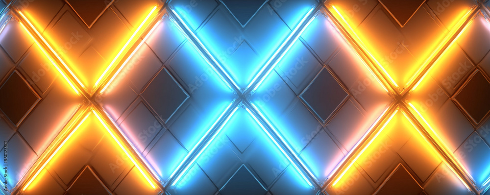 Aufkleber a neon lighting background with glowing yellow and blue tubes arranged in a repeating diamond patter