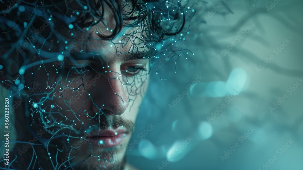 Poster a man's face is intertwined with a neural network graphic, representing the connection between human