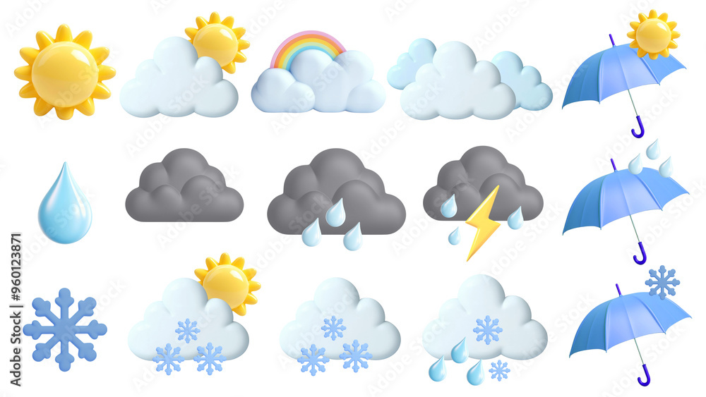 Wall mural png 3d weather element set, transparent background