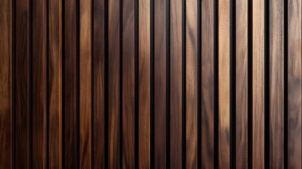 Walnut wood slat wall, vertical timber battens, rich brown tones, architectural detail, geometric pattern, parallel lines, textured surface, warm wood grain, modern interior design.