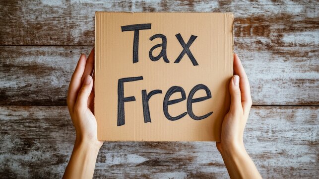 An individual holds a cardboard sign with the inscription 'Tax Free,' foregrounding a tax exemption message. The textured wooden background complements the theme.