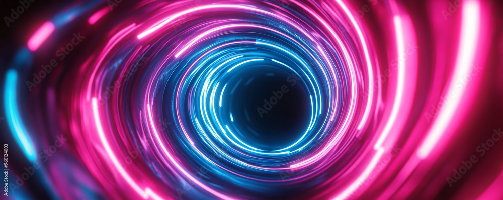 Poster a neon lighting background with a swirling spiral of neon pink and blue light, creating a tunnel-lik