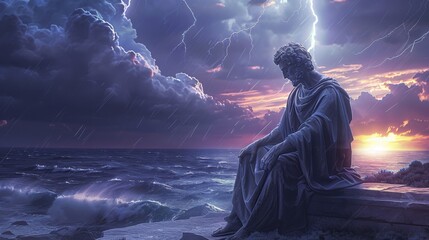 A solemn statue in contemplative pose overlooks the rough sea during a thunderstorm, with lightning bolts illuminating the turbulent sky and ocean, creating an intense and poignant scene.